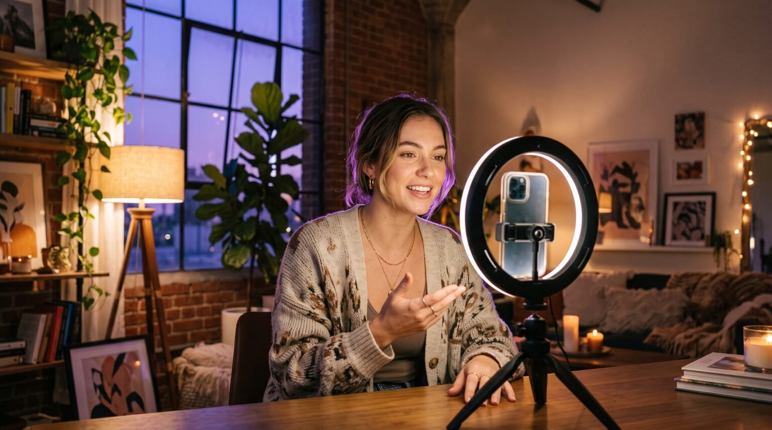Creator filming a reel with a phone and ring light