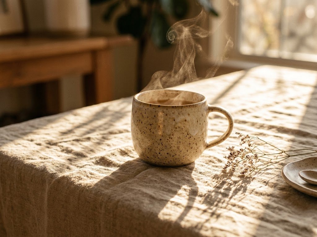 Golden-hour product photo of a ceramic mug