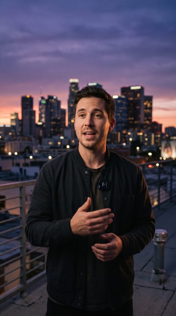 Creator speaking to camera at dusk
