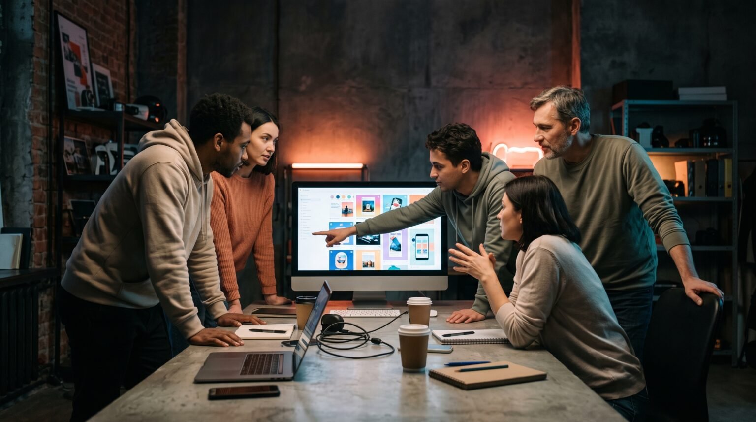 Creative team reviewing a social campaign on a monitor